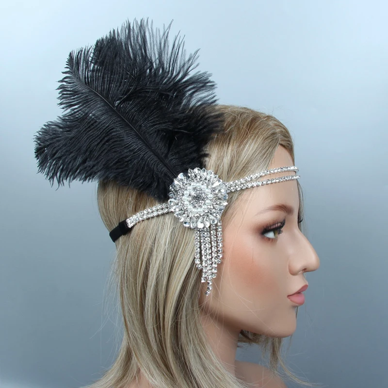 Vintage Feather Headband for Women 1920s Hair Accessories Black Rhinestone Beaded Sequin Elastic Hairband Headwear Headpiece