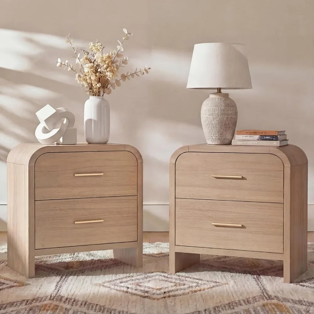 Night Stand Set of 2 [Unique Curved Profile] [FSC-Certified Wooden Board] 2-Drawer Nightstand 24