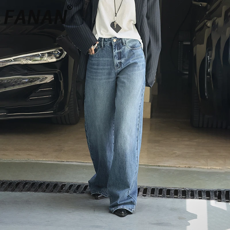 

FANAN винтажные потертые джинсы женские прямые широкие джинсовые брюки с высокой талией офисные женские брюки женская одежда 20225 осень новинка