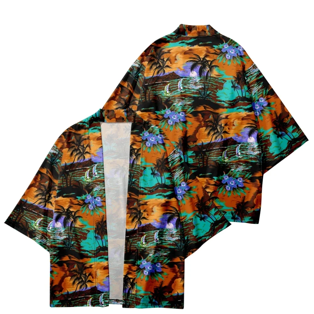 Summer Japanese Kimono for Men/Women Harajuku Hawaiian Print Traditional Short Sleeves Beach Shirt Bathrobes Chic Kimono Mujer