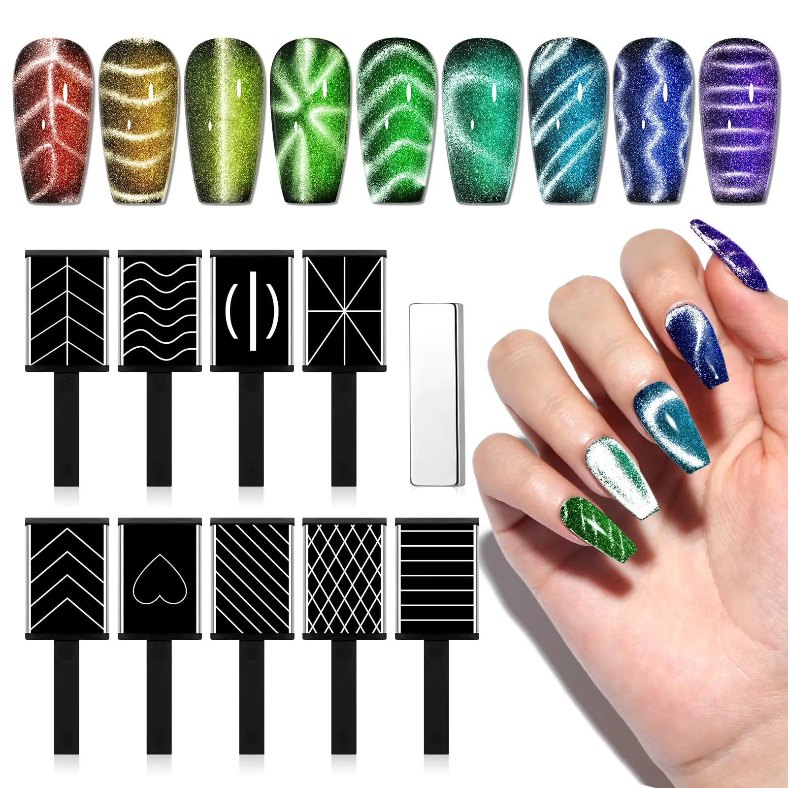 

Cat's Eye Magnetic Nail Art: 9-piece Cat's Eye Gel nail polish magnet tool set, powerful suction nail magnet, square and round n