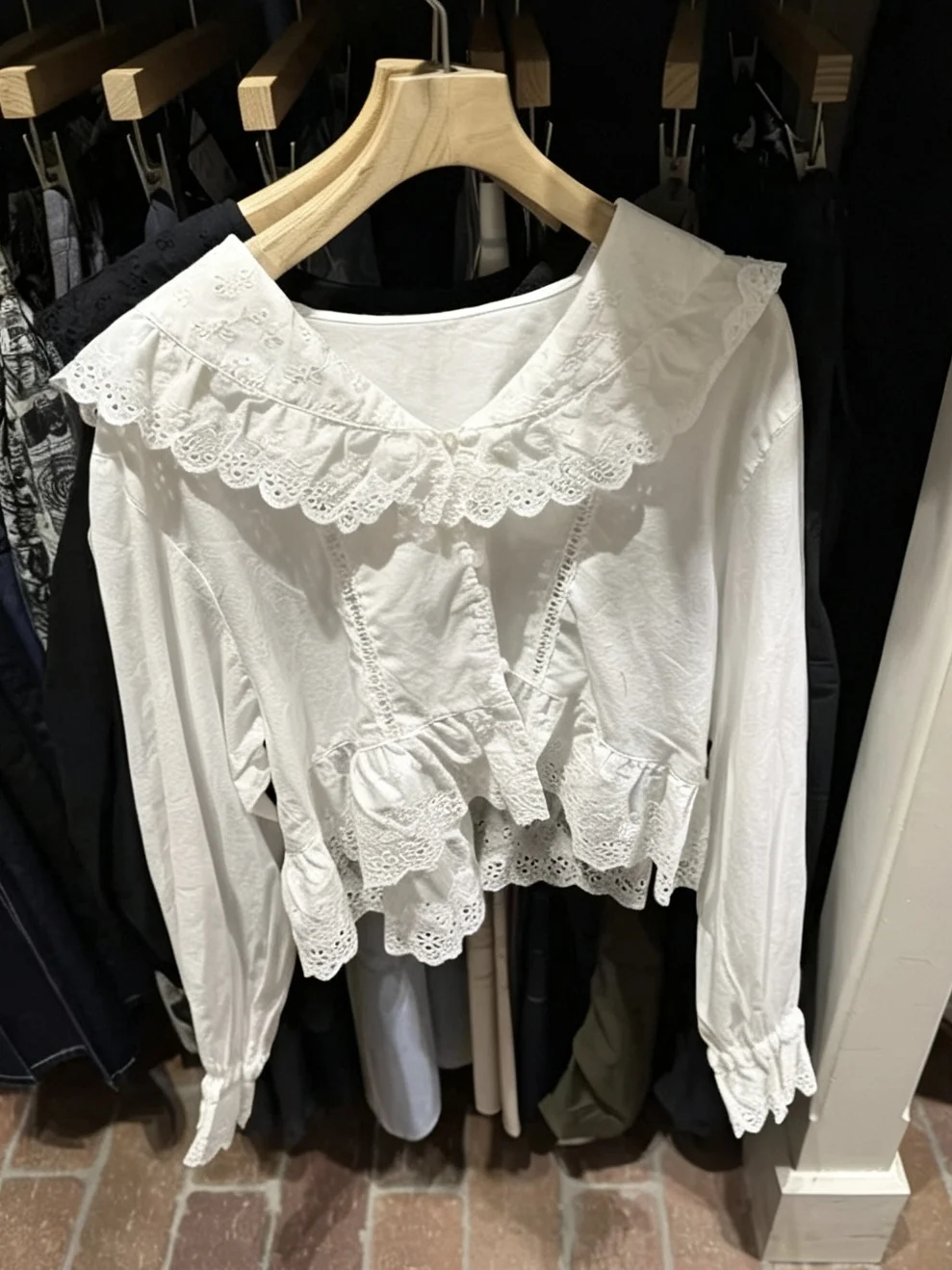 Elegant Embroidered Lace Collar Shirt Women's Loose Slimming Layering Beautiful Top Heavy Embroidery Floral Lace Long Sleeve