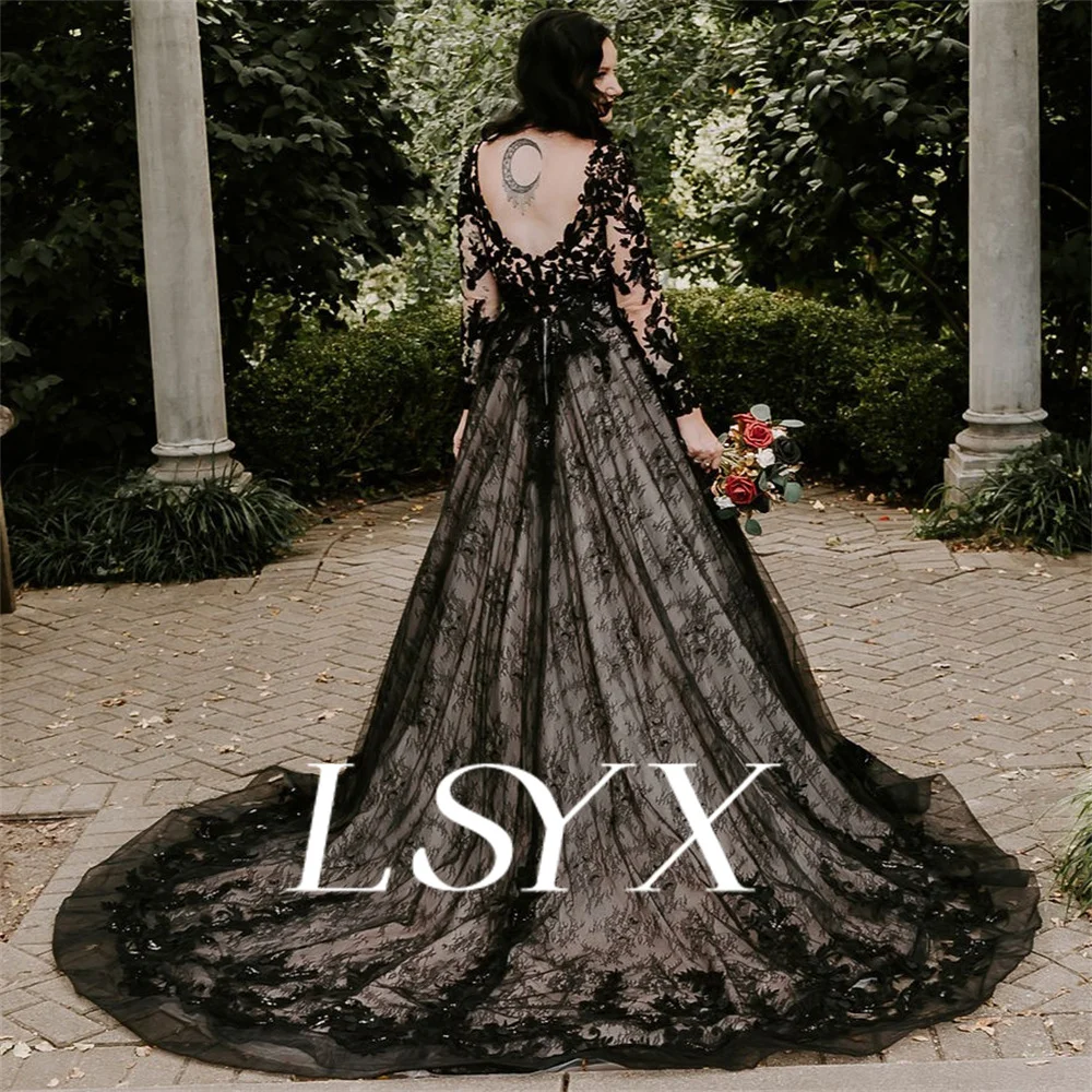 LSYX V-Neck Long Sleeves Lace A-Line Appliques Wedding Dress For Women Illusion Open Back Court Train Bridal Gown Custom Made