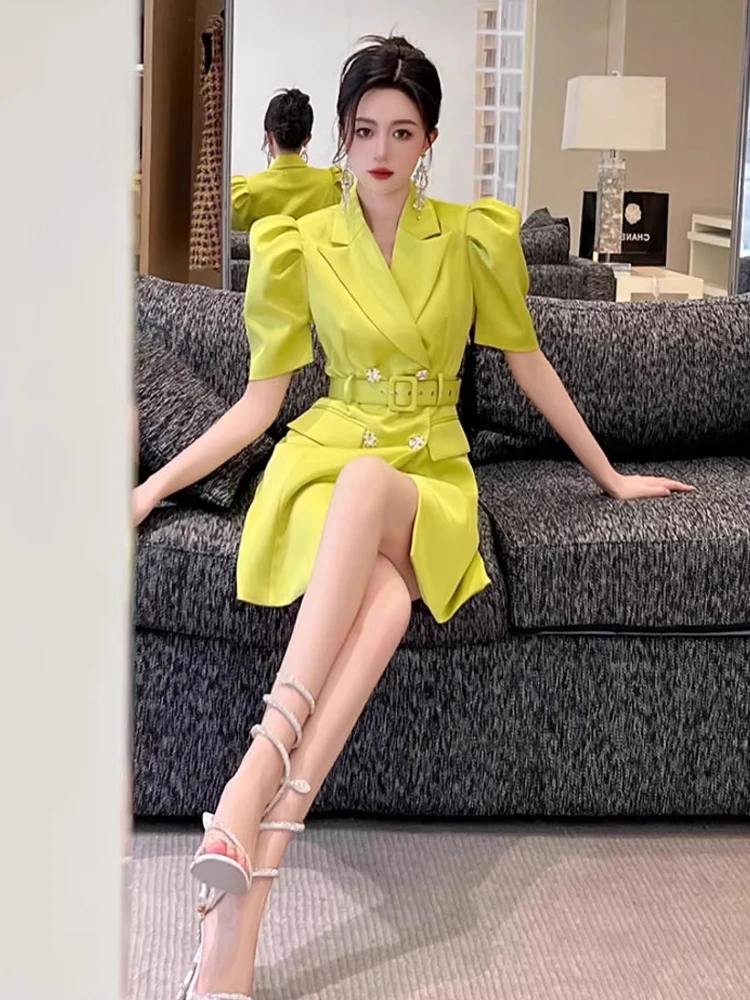 夏エレガントな女性のイブニングショートドレスブレザーフォーマルサテンパフスリーブスリムミニドレスストリート服パーティー Mujer Vestidos