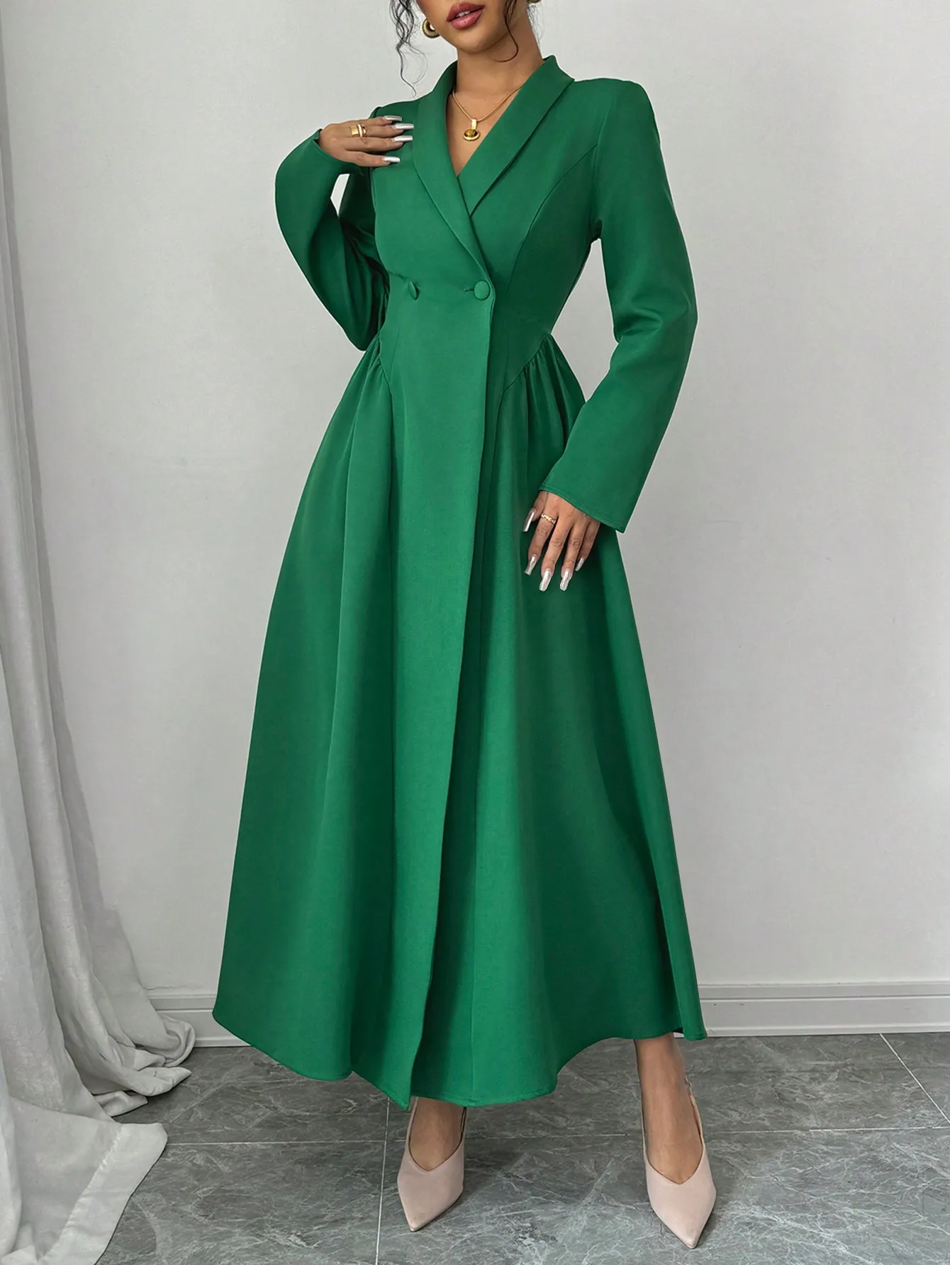 Elegant Burgundy Blazer Maxi Dress Notched Lapel Collar Long Sleeve Button Details ﻿Formal Dresses for Woman Party Wedding