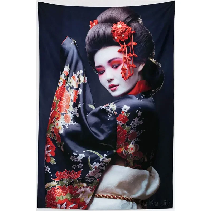 Young Geisha In Kimono With Sakura Traditional Costume Fabric Wall Hanging Decor For Bedroom Living Room Dorm