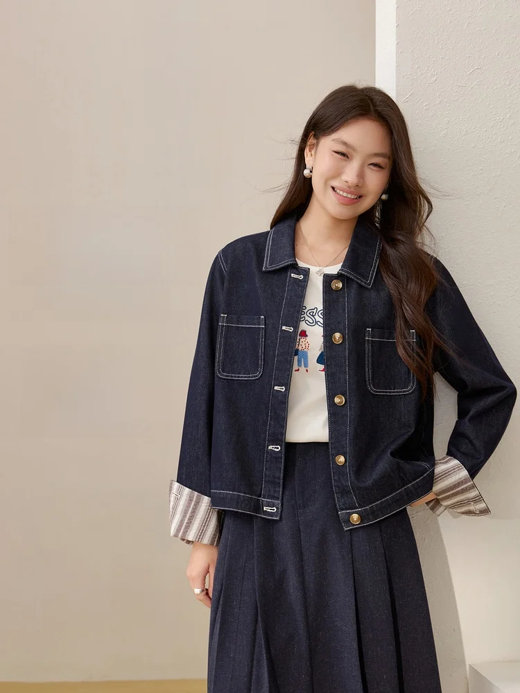 

Faionable Slim Fit plus Size Denim Jaet ort Sle Striped Cuff Deep Color Spring New Arrival Women's Casual Outerwear