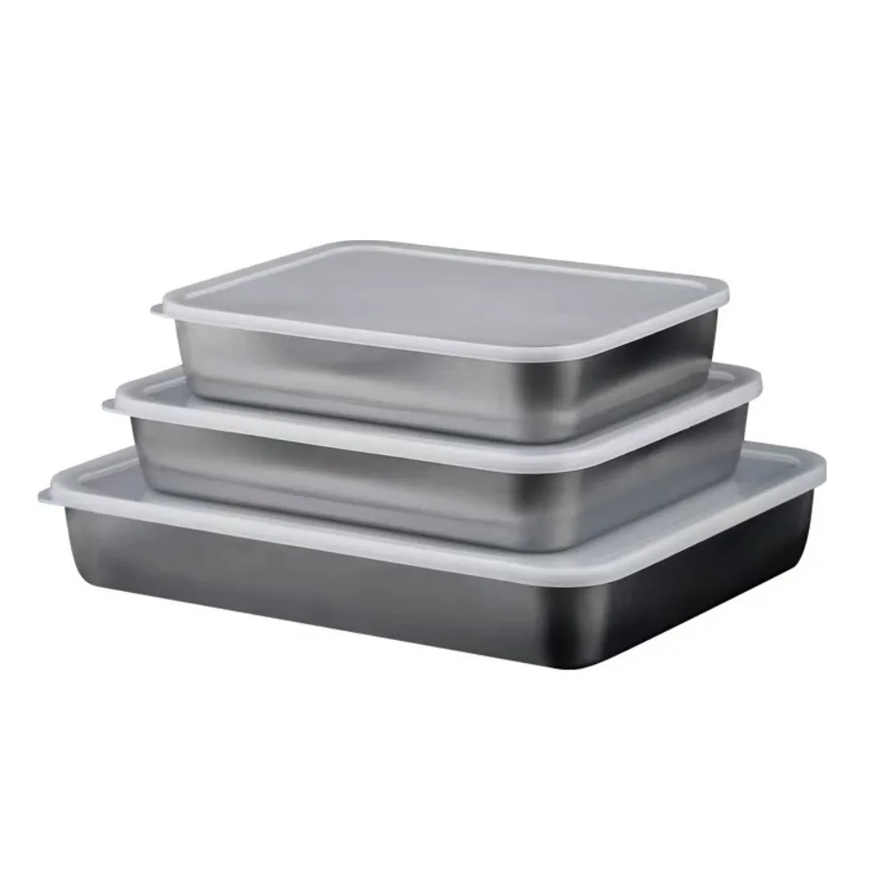 

Stainless Steel Deepened Food Container with Lid, Japanese Style Baking Tray, Refrigerator Fresh Box for Kitchen Hotel