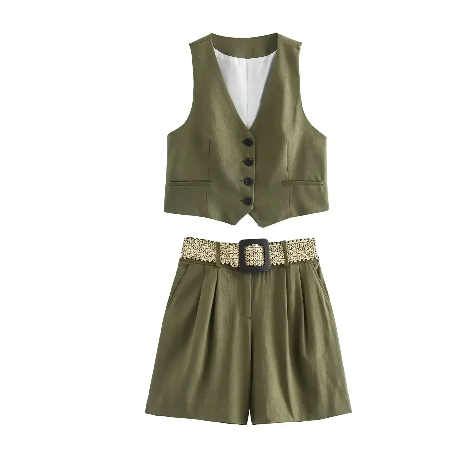 Women's new fashion casual short linen blend V-neck vest retro sleeveless button up women's vest chic top+shorts suit