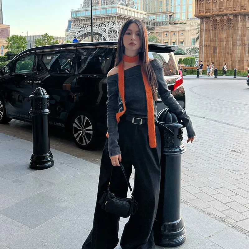 Camicie a maniche lunghe con scollo a barchetta impiombate americane vintage Solid Grunge Y2k Estetica Punk Harajuku Abbigliamento Ragazza francese Top