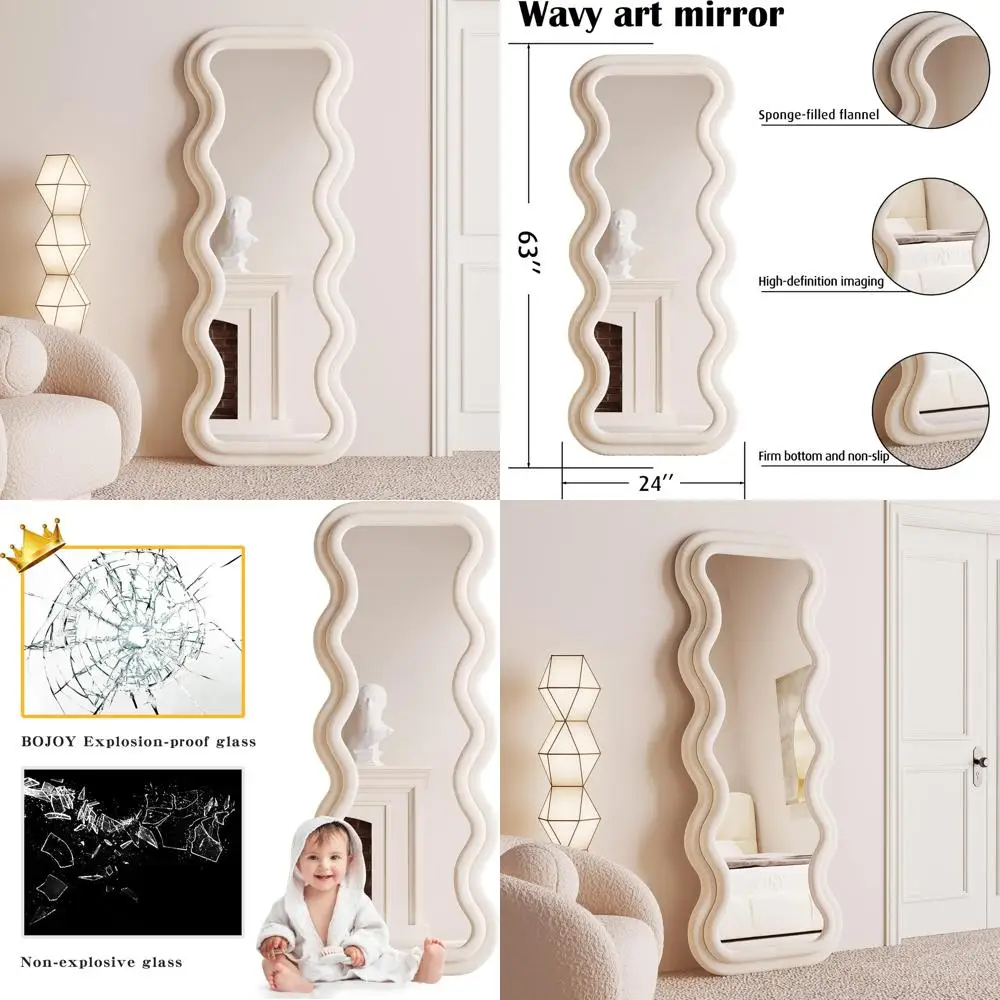 مرآة مموجة كاملة الطول مقاس 63 × 24 لغرفة النوم، إطار خشبي ملفوف من الفلانيل، متعددة الاستخدامات للاحتفال أو التعليق أو الميل