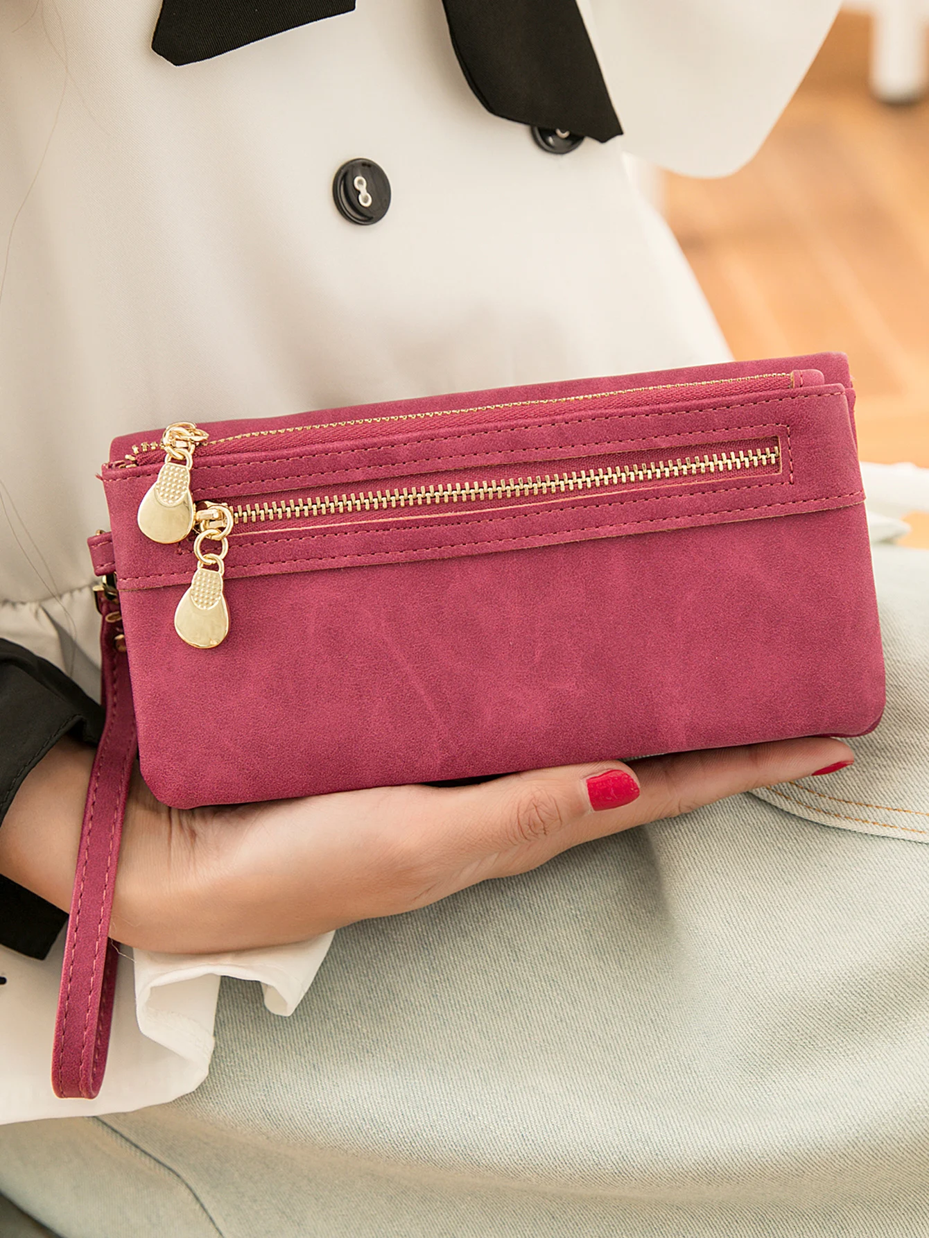 Large Capacity Women's Dull Polish Leather Wallet Double Zipper Clutch Wristlet Purse Phone Coin Card Holder Multi-pocket Wallet