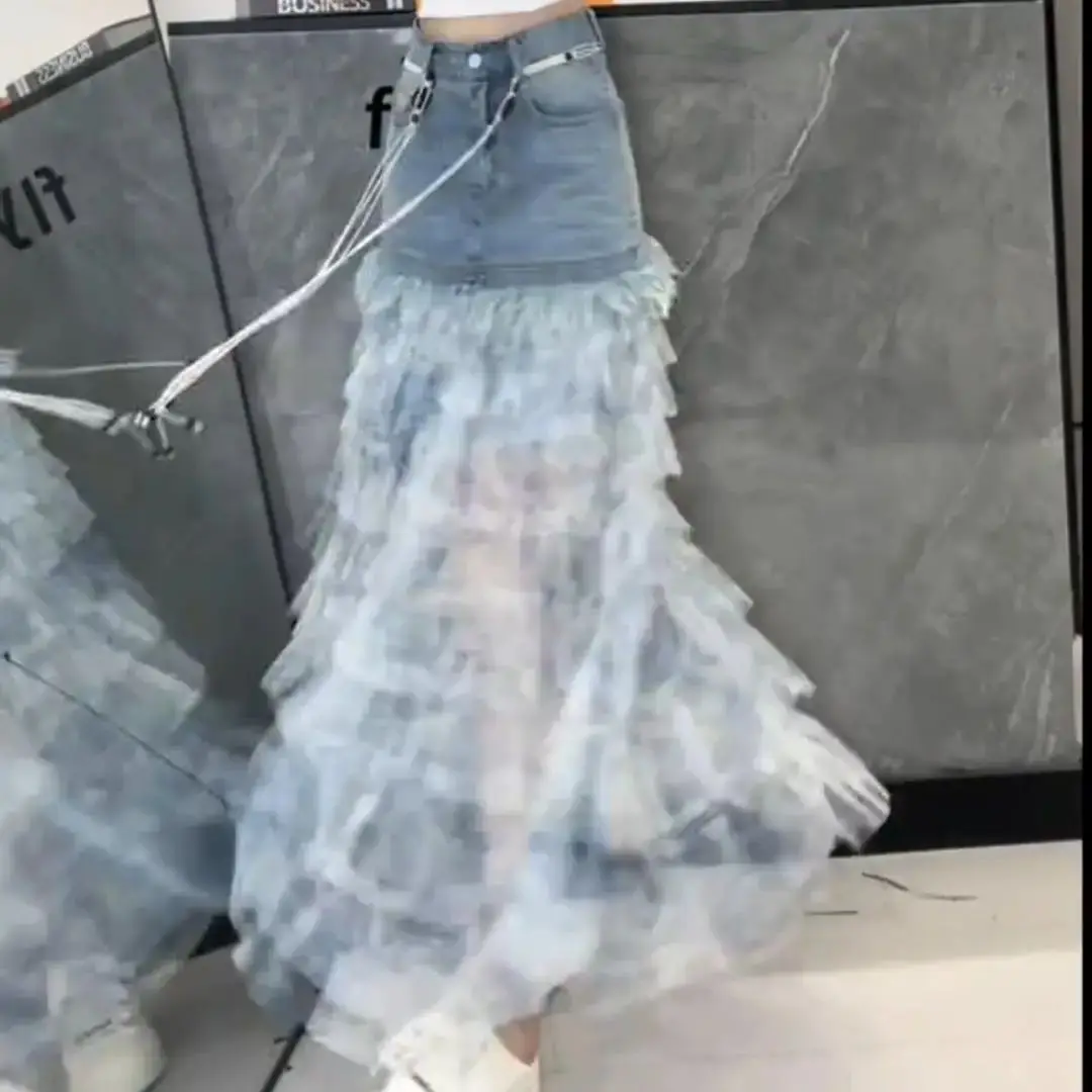 Blue Tie-Dye Denim Spliced ​​Skirt Women Summer New Fashionable Cake Skirt Versatile Fashionable Slim A-Line Skirt