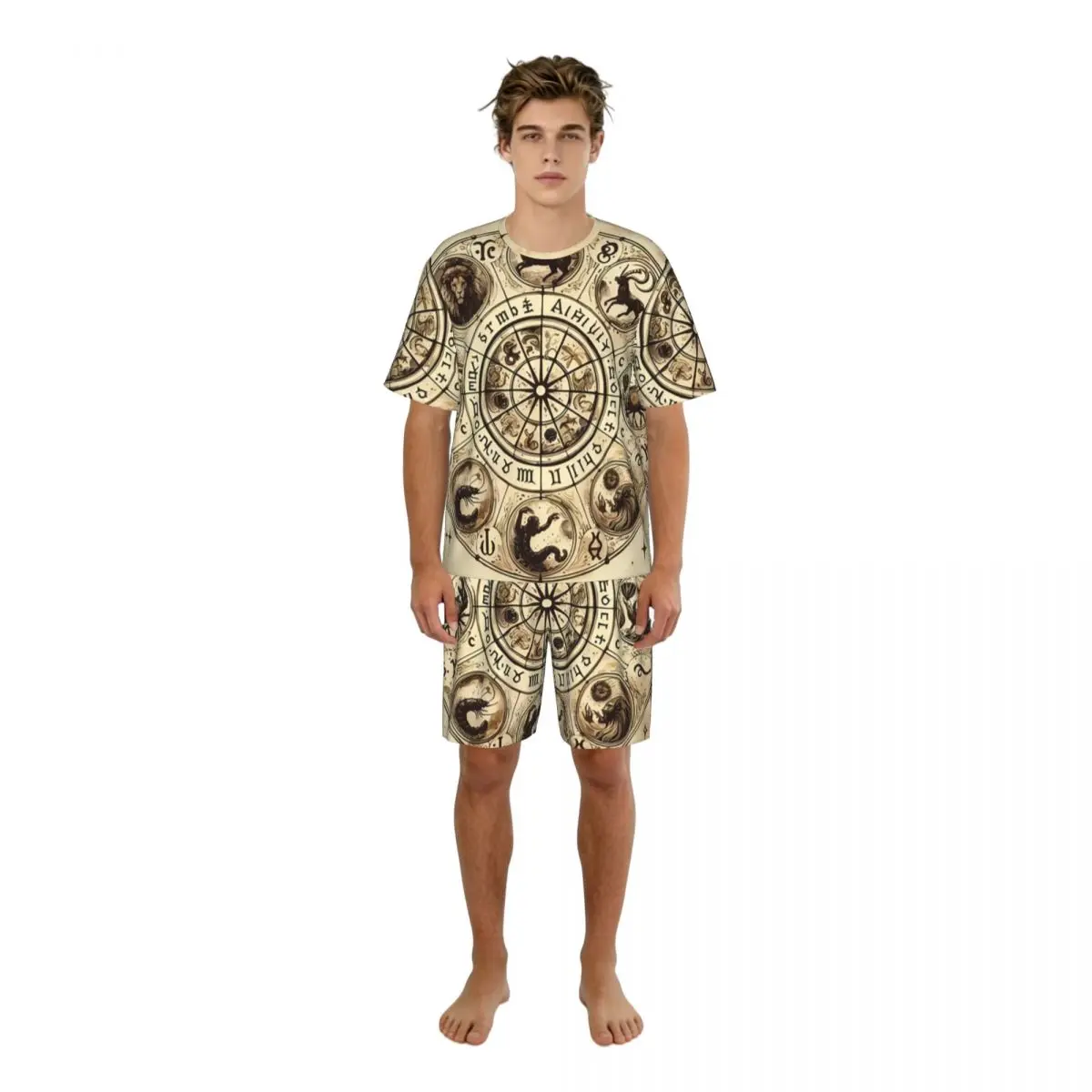 

Men's Casual Pajama Set Short Sleeve T-shirt Shorts Zodiac Vintage Background Home Clothes Sleep Suit