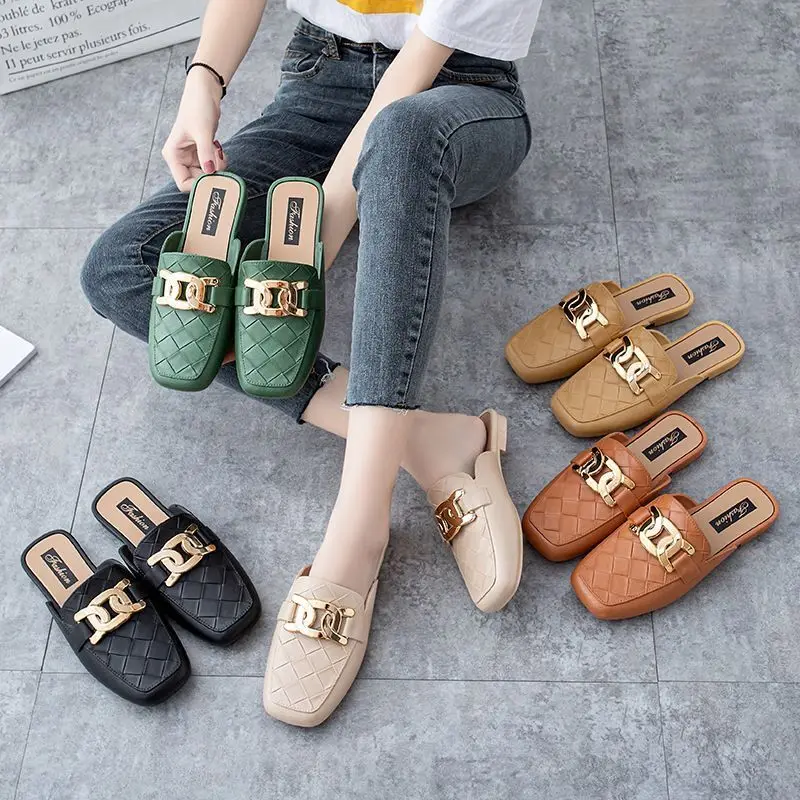 Women Slippers Light Soft Sole Outdoor Flat Mules Square Toe Shoes Slides Fashion Plaid Metal Buckle Lady Sandals Zapatos Mujer