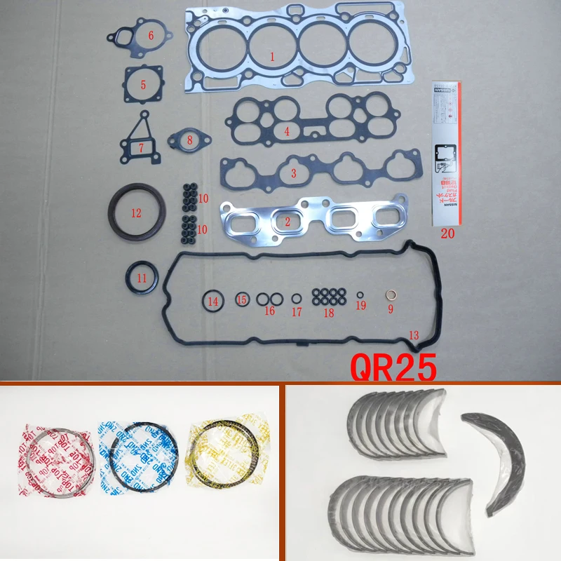 QR25DE Engine complete Full gasket set kit crankshaft connecting rod bearing piston ring for Nissan X-Trail/Sentra/Altima 2.5L