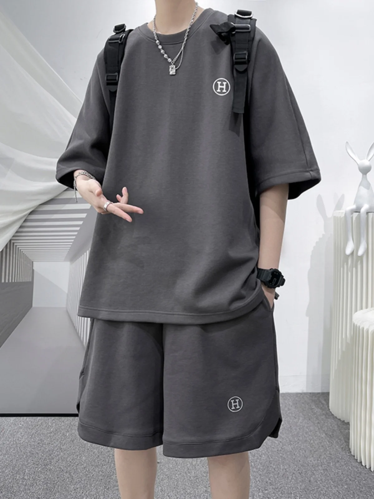 

American Sle Heavyweight Men's ort Sve T-irt Spor Youthful Summer Faionable Student Clothing Set Casual Loose Fit