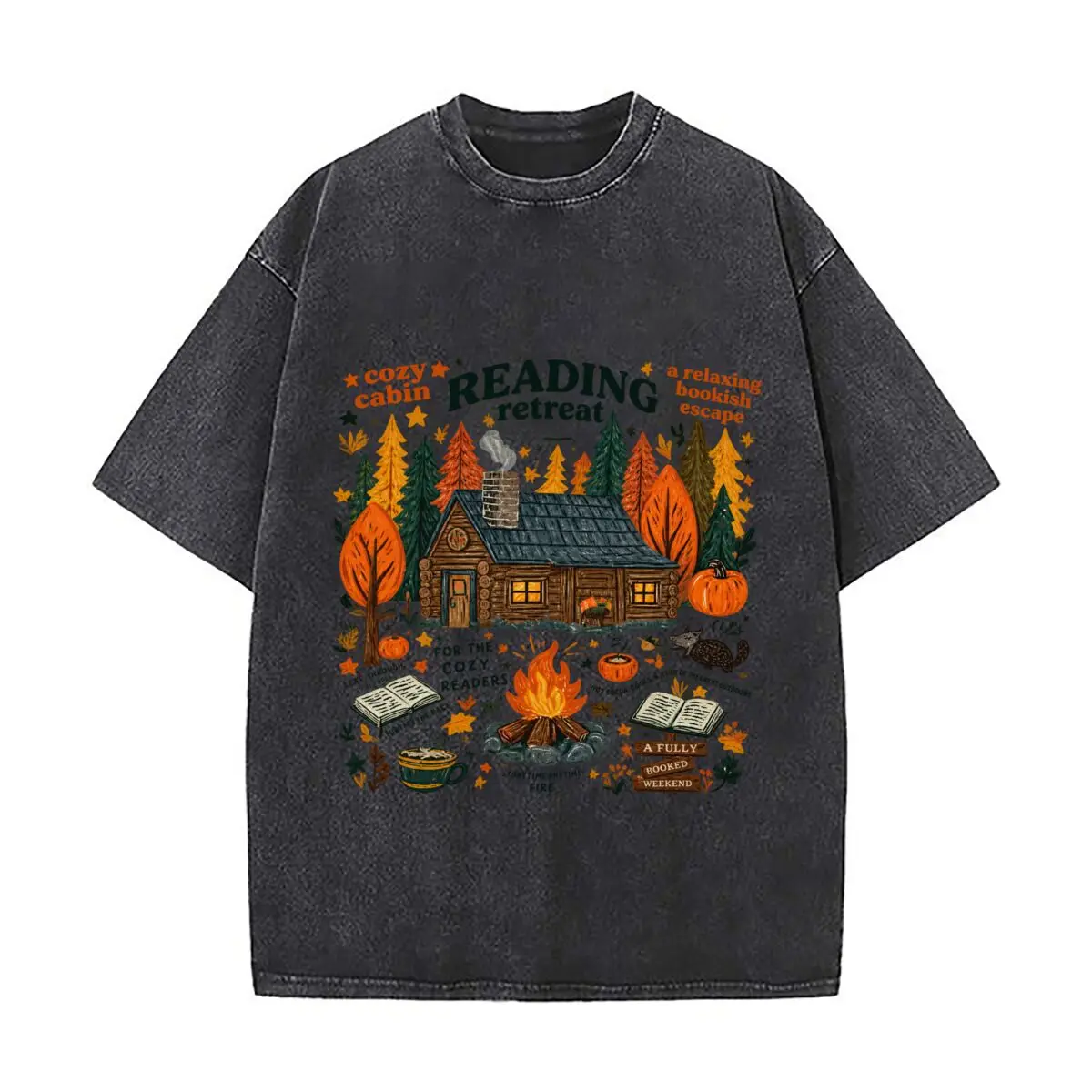 Cozy Cabin Reading Retreat Relaxing Bookish Escape Cozy Readers Washed Short Sleeve Loose Streetwear Tee Hip Hop