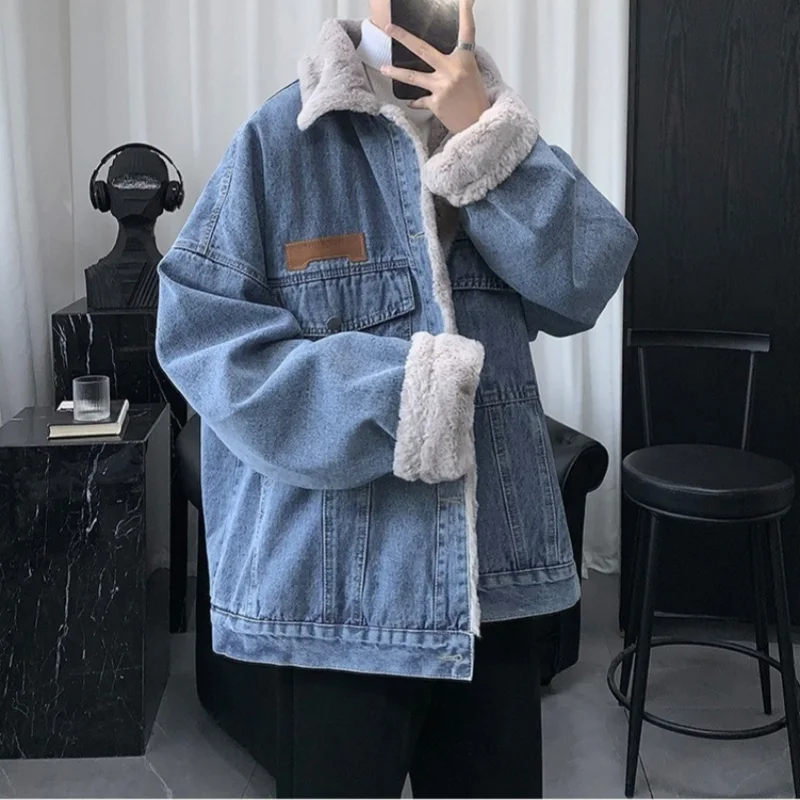 

Мужская зимняя джинсовая куртка с подкладкой из овчины, повседневная, винтажная, оверсайз, флисовая, теплая, мягкая