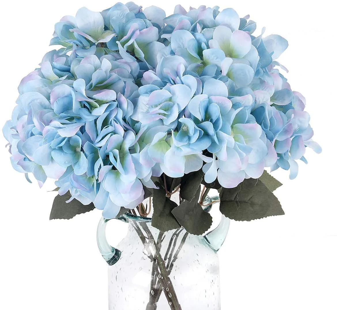 Artificial Flowers Silk Hydrangea Flowers with 5 Big Heads Bunch Bouquet for Home Wedding Party Decor DIY, Light Blue