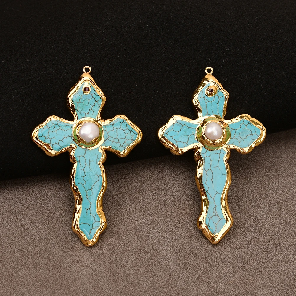 APDGG No042 2 Pcs Big Blue Stone Turquoise White Keshi Pearl Crucifix Charms Pendant view 2