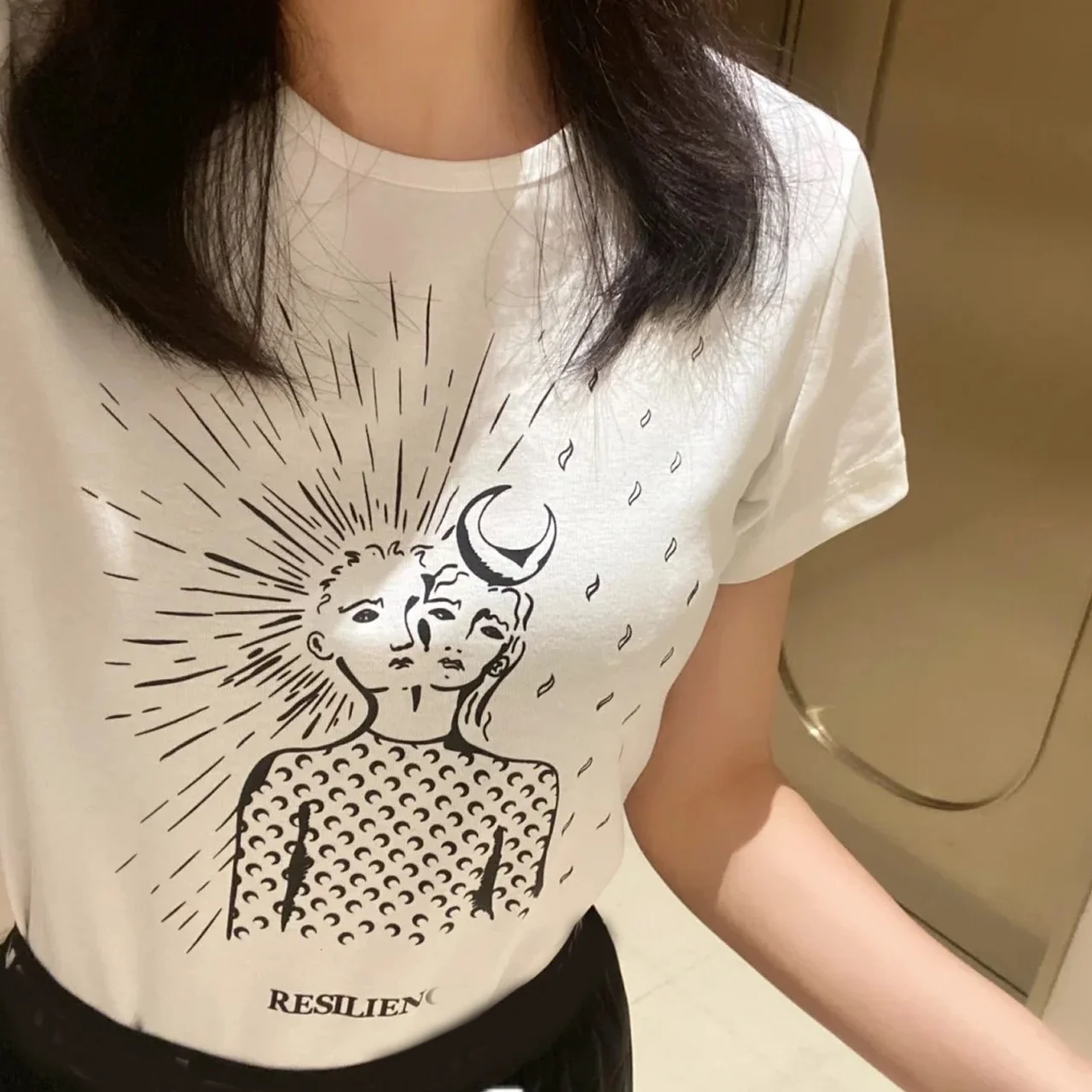 Cseta de Manga Corta de Aodón de Alta Calidad para Mujer, con Estampado de Diosa Astral, Cintura Ajustada, Estilo Verani...