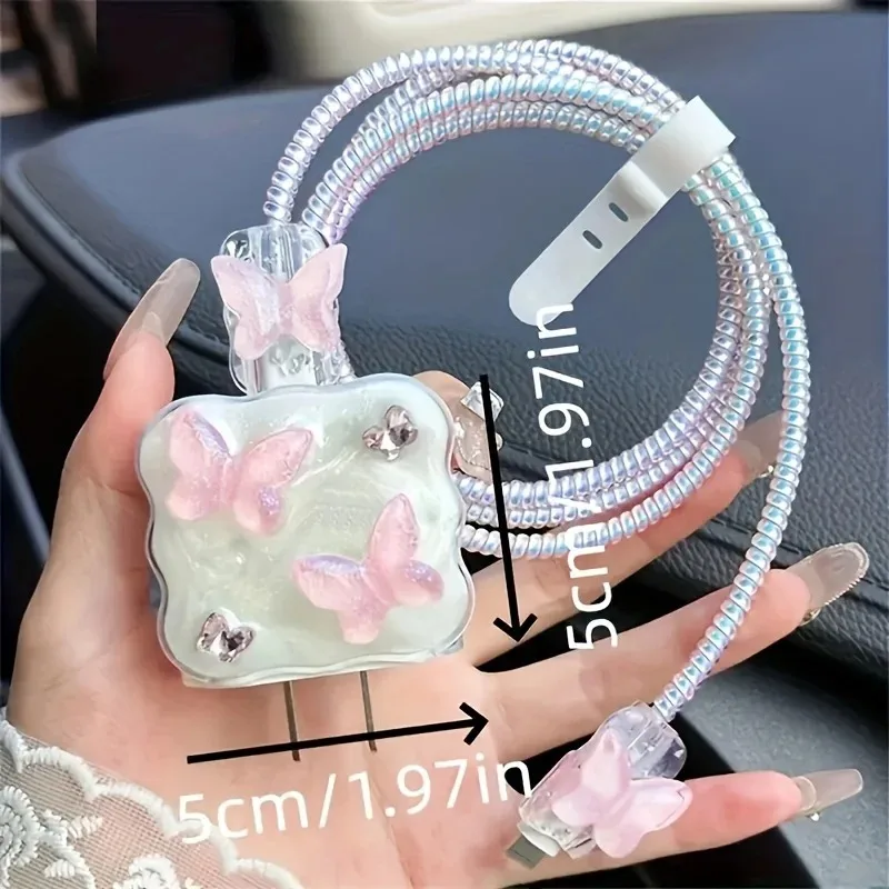 5pcs-set 3D Butterfly Wave Edge Charger Protective Cover Suitable for iPhone Models 12 13 14 15 Supports 18W 20W Fast Charging