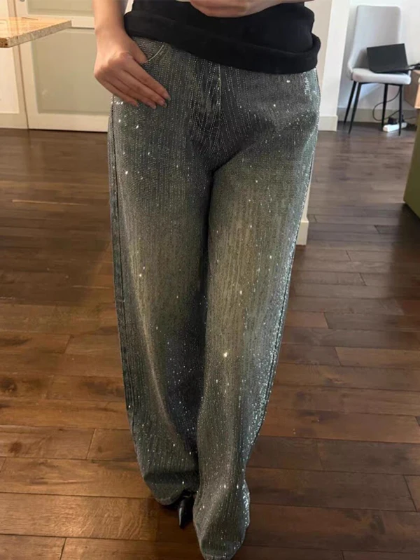 

Женские широкие джинсы с высокой талией и прямым кроем, украшенные стразами в стиле ретро, из плотной ткани, с эффектом похудения