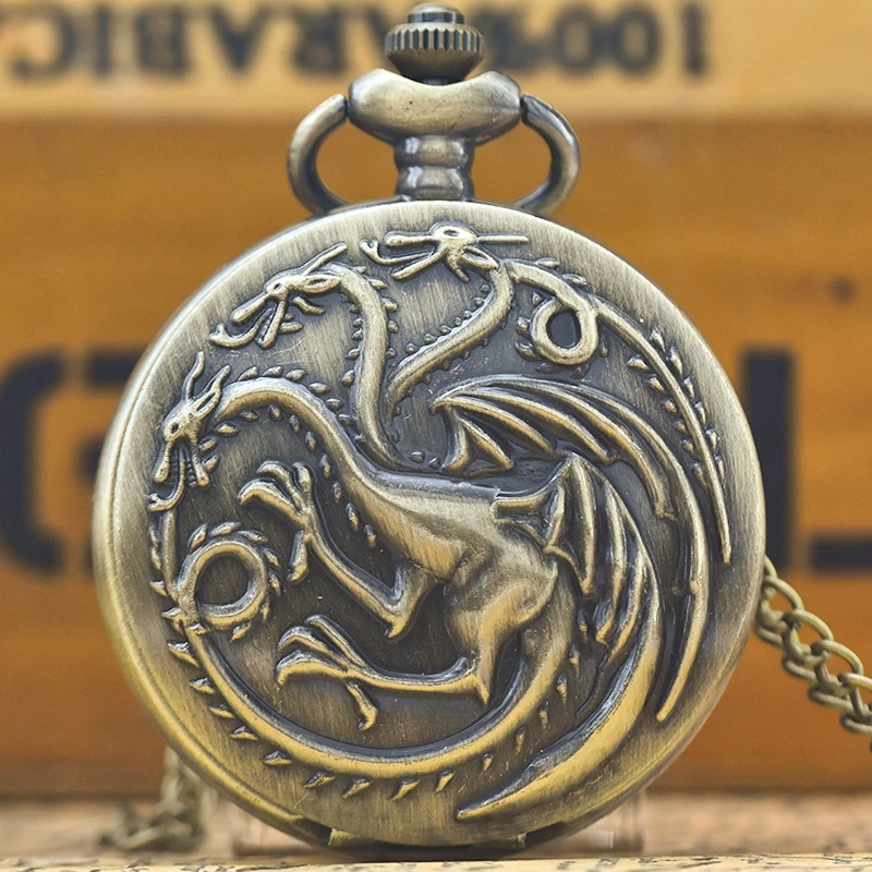 

Retro Charm Neutral Fashion Three Headed Dragon Carving Quartz Steampunk Pocket Watch Men's And Women's Necklace Pendant Gift