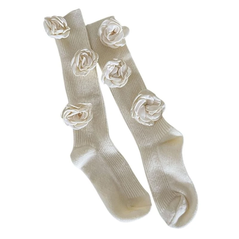 Women Aesthetic Winter Wool Thick Warm Over the Calf Socks Elegant Camellia Flower Sweet Long Tube Stockings Hosiery 15UB