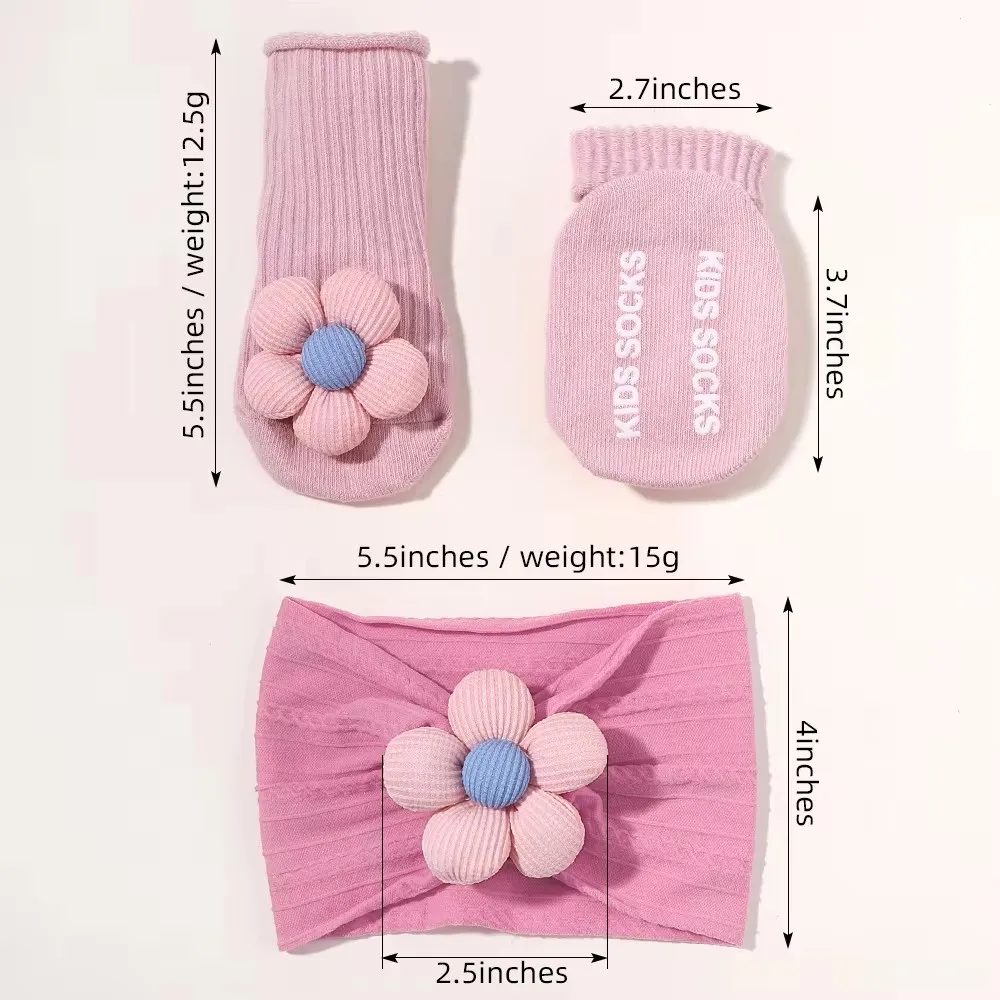 2Pcs Pure Cotton Socks Baby Girls Cable Headband Set Hundred Days Newborn Flower Nylon Hairband Turban Children Hair Photo Props