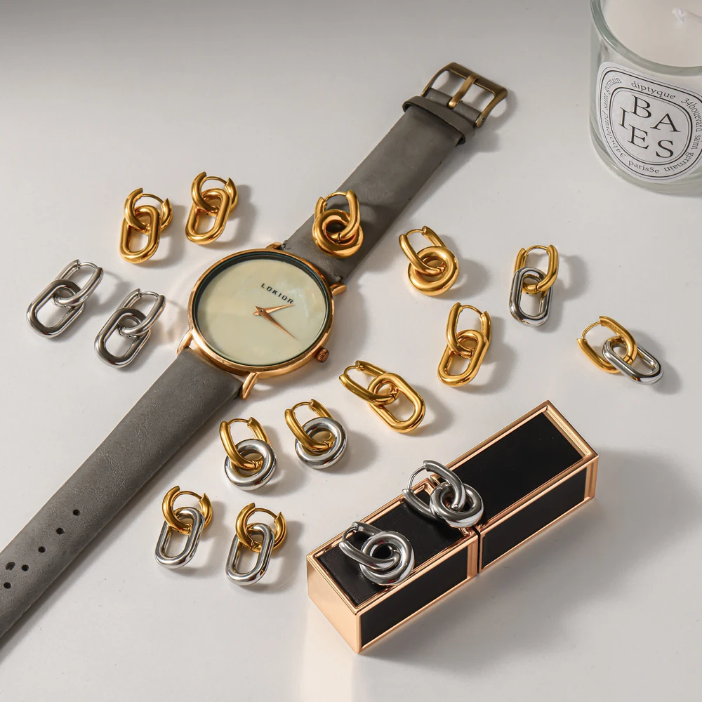 18K Goldfarben Beschichtete Glänzende Edelstahl Geometrische Doppelring-Ohrringe für Damen Wasserfester Modeschmuck – Detail 1