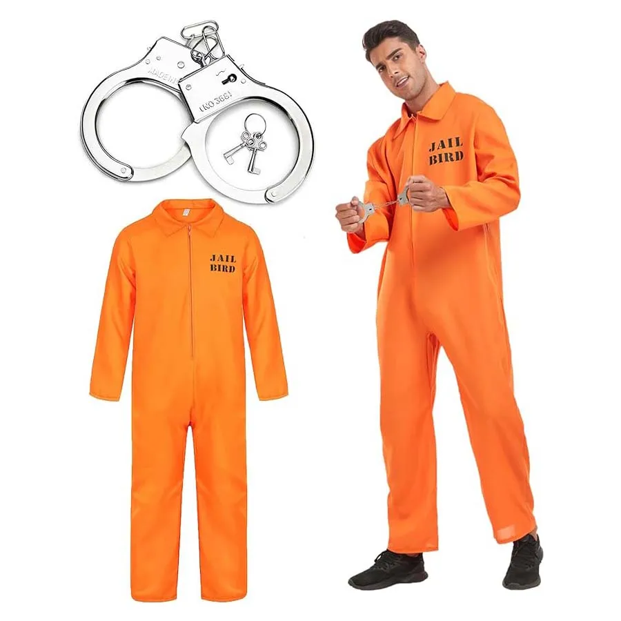 Halloween Prisoner Costume Orange Jumpsuit Convict Men Adult with Handcuffs