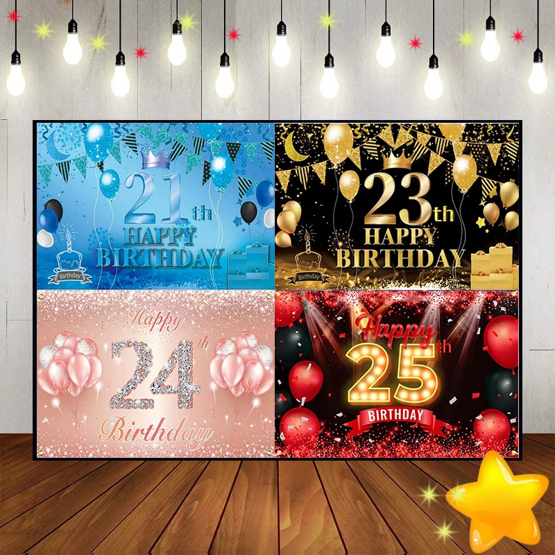 Happy 21/22/23/24/25th Birthday Custom Backdrop Girl Background Boy or Balloon Decoration Gender Reveal Party Banner Photo Game