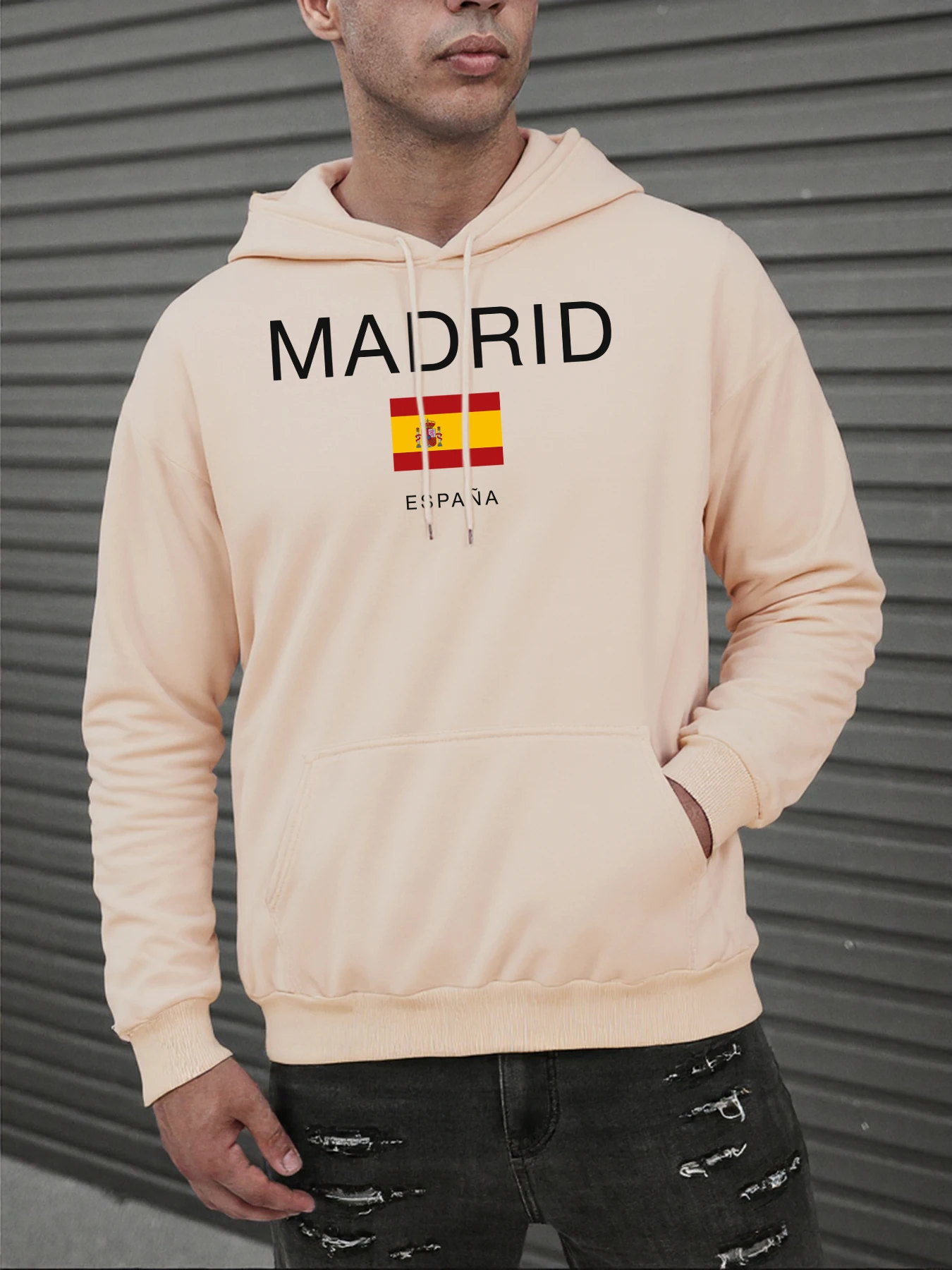 Sudadera con capucha básica con estampado de bandera de Madrid España para hombre, sudaderas con capucha informales con bolsillo de Hip Hop, ropa que combina con todo, Sudadera con capucha Vintage de lana para hombre