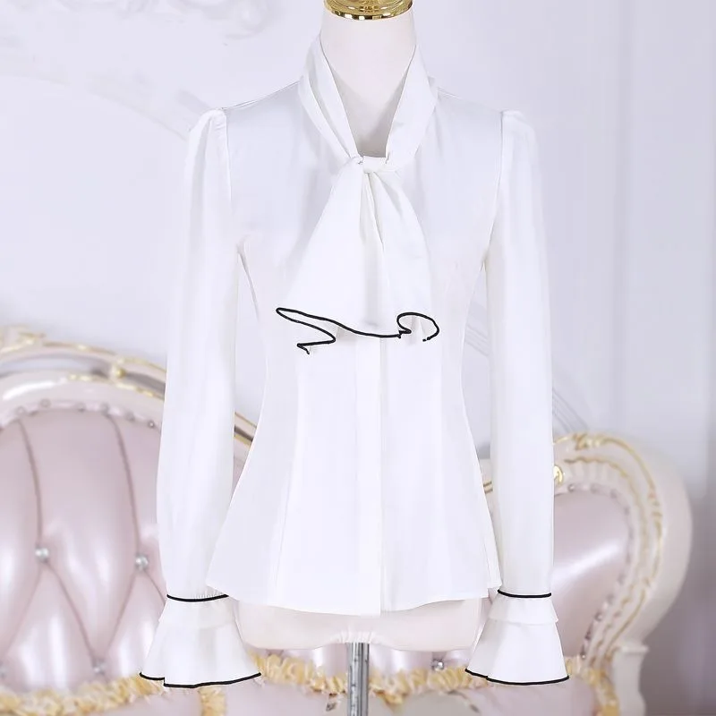 Women's Shirt 2025 Spring Summer White Border Lotus Leaf Sleeve Lace Up Top Bow Base Shirt New Clothing