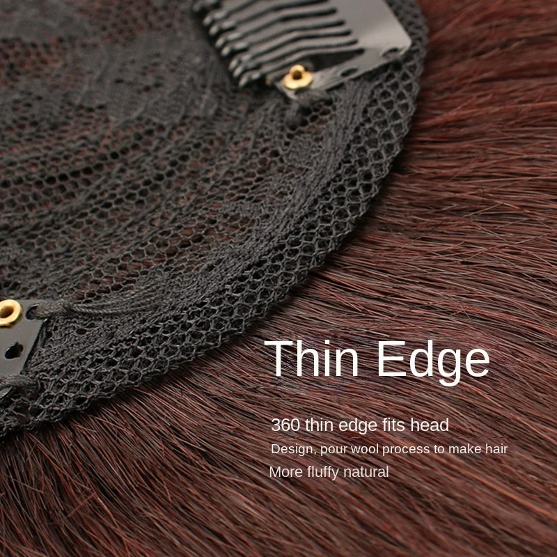 حرير علوي دائري شعر بشري للنساء ، 3 مقاطع ، مستقيم ، قطع شعر ، زيادة الحجم ، تنفس ، 9x9cm