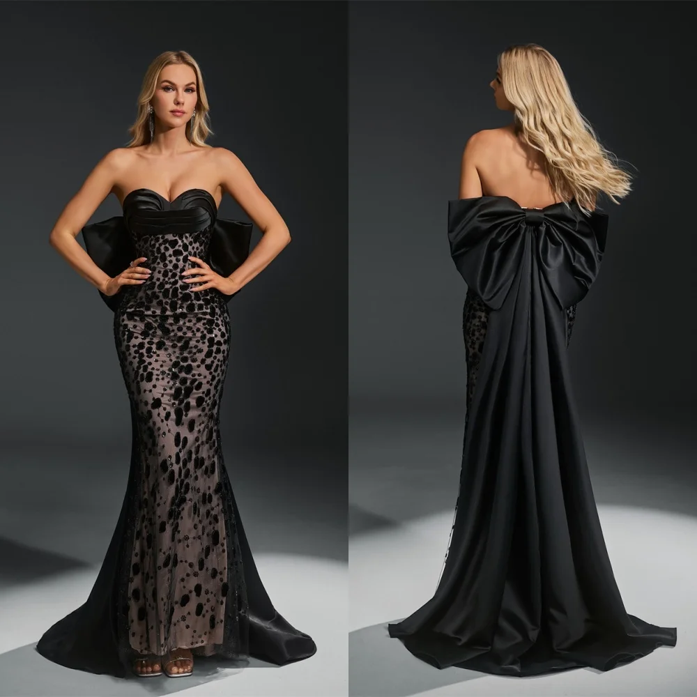 

Customized Elegant/ Graceful Black Lace Celebrity Gowns Classic Sweetheart Panel Train Bow Contrast Color Mermaid Zipper Back Pa