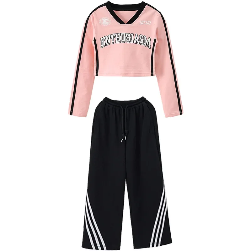 Jazz Hip Hop Danskleding voor Meisjes Roze Lange Mouwen Tops Zwarte Baggy Broek Street Dance Sets Kids Groepsshow Competitiekleding