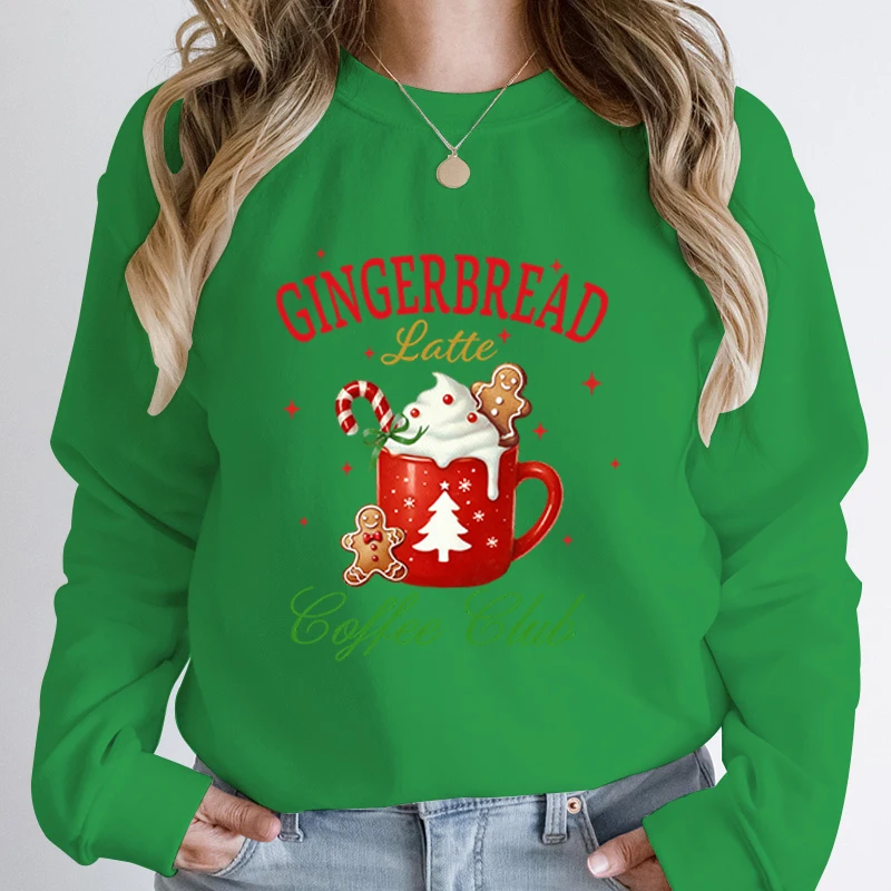 Autumn Winter Women Christmas Gingerbread Latte Coffee Club Print Round Neck Hoodless Pullovers Cute Casual Pure Color Pullovers