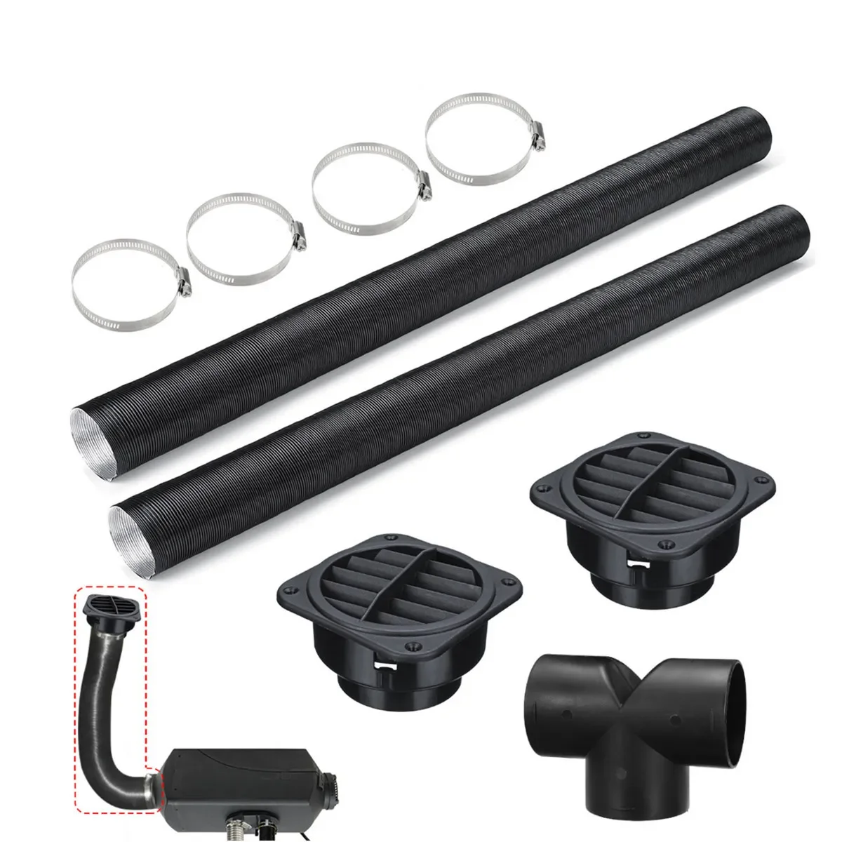 2sets 75mm Heater Ducting w/Air Vent Outlet + T Shape Connector For Webasto Eberspaecher Air Diesel Parking Heaters