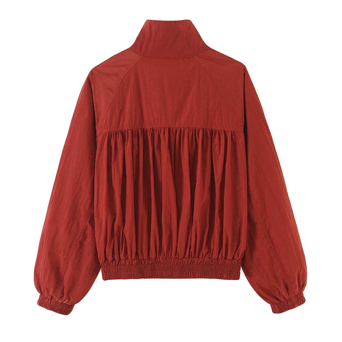 BSAY Women Cropped Bomber Jacket Stand Collar Crinkled Fabric Snap Buttons Elastic Cuff Loose Casual Long Sleeve Outerwear Coat