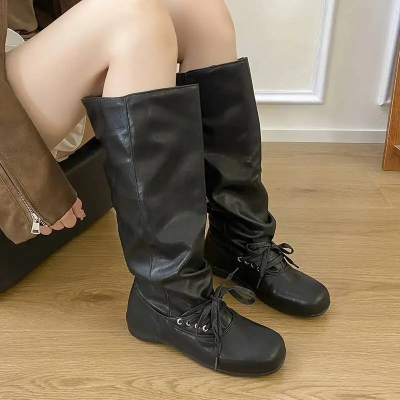 

Designer New Women High Boots Fashion Flats Shoes Winter Pleated Lace Up Knee High Chelsea Boots Brand Casual Woman Botas