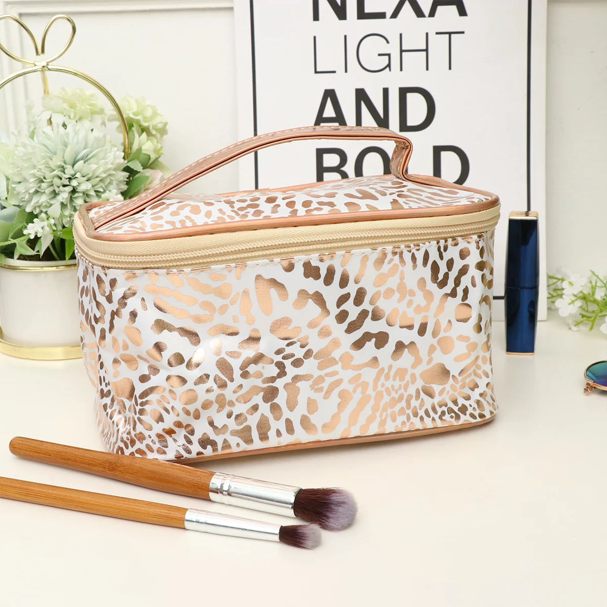 

Leopard Print Large Makeup Bag PU Square Pouch Travel Storage Organizer Zippered Handheld Tote for Women