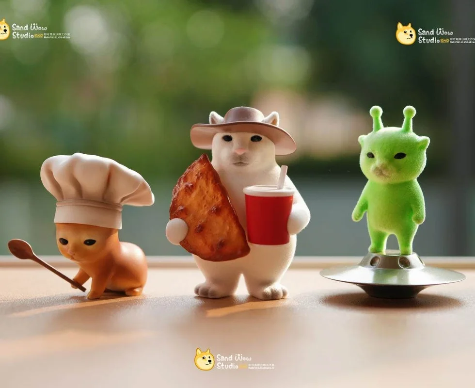 Sand Sculpture Cat Meme Series Set Funny Creative ET CAT Dolls COOK CAT Figure Soda Cup Birthday Gift Meme Fans Toy Collectors