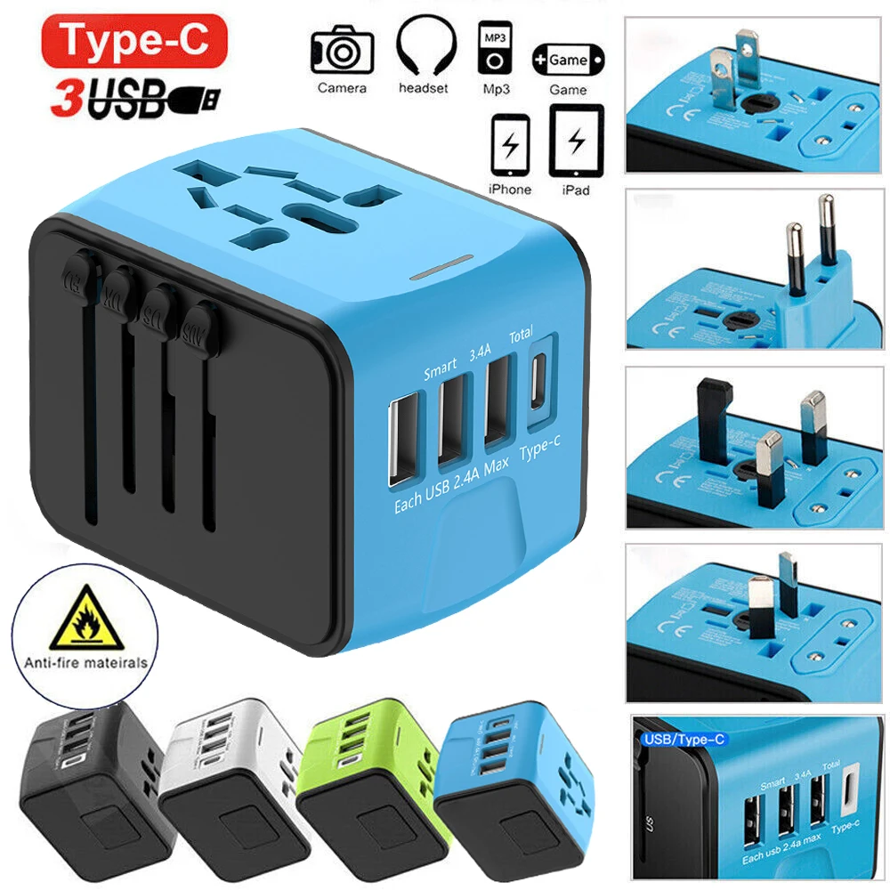 Universal Travel Plug Adapter 3 USB 1 Type C Ports World Travel AC Power Charger Adapter AU US UK EU Converter Adapter Connector