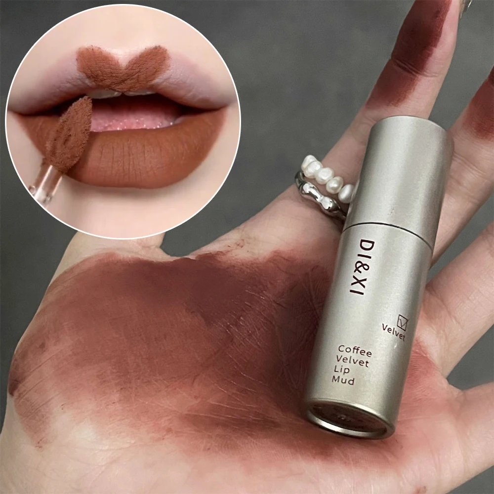 Lápiz labial de terciopelo resistente al agua, lápiz labial líquido de terciopelo, tubo plateado pequeño, marrón oscuro, mate, tinte de labios duradero, cosméticos