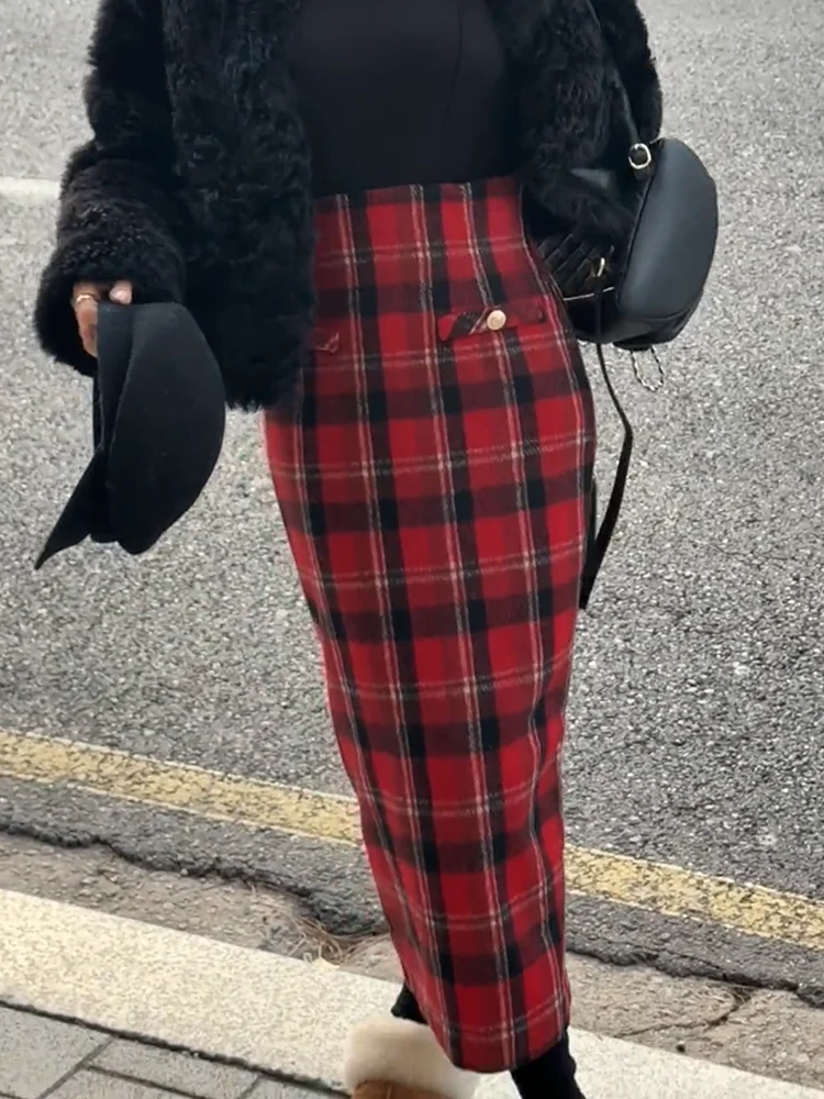 

Юбка-карандаш в клетку с высокой талией в корейском ретро-стиле для женщин, модная осенне-зимняя, приталенная, средней длины, с разрезом, с запахом