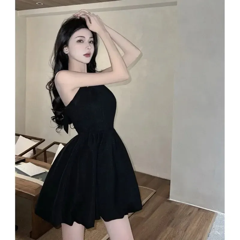 Elegant Slimming A- line Mini Dress Women's Halter Neck Tank Top Dress Summer Waist-fitted Short Skirt