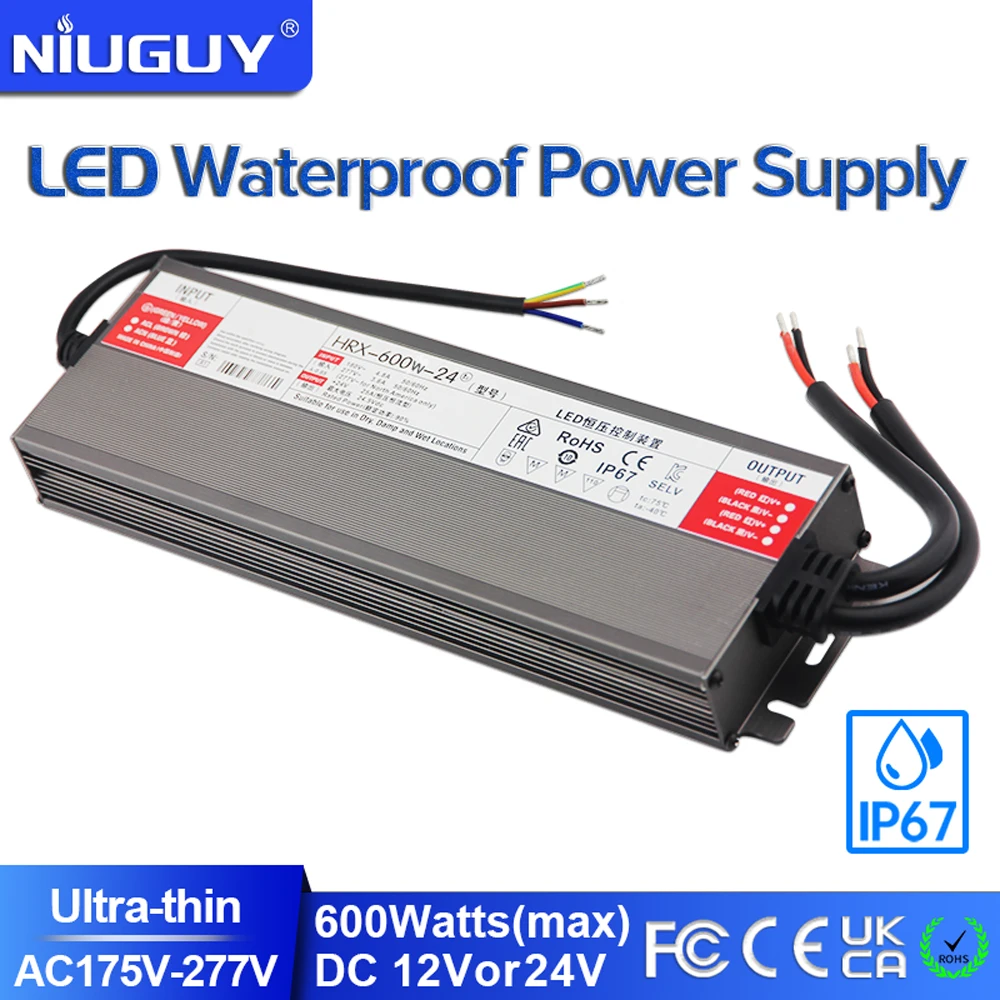 

600W Constant Voltage IP67 Waterproof Power Supply AC 175-277V Lighting Transformer Converter DC 12V 24V LED Lighting for Outdoo